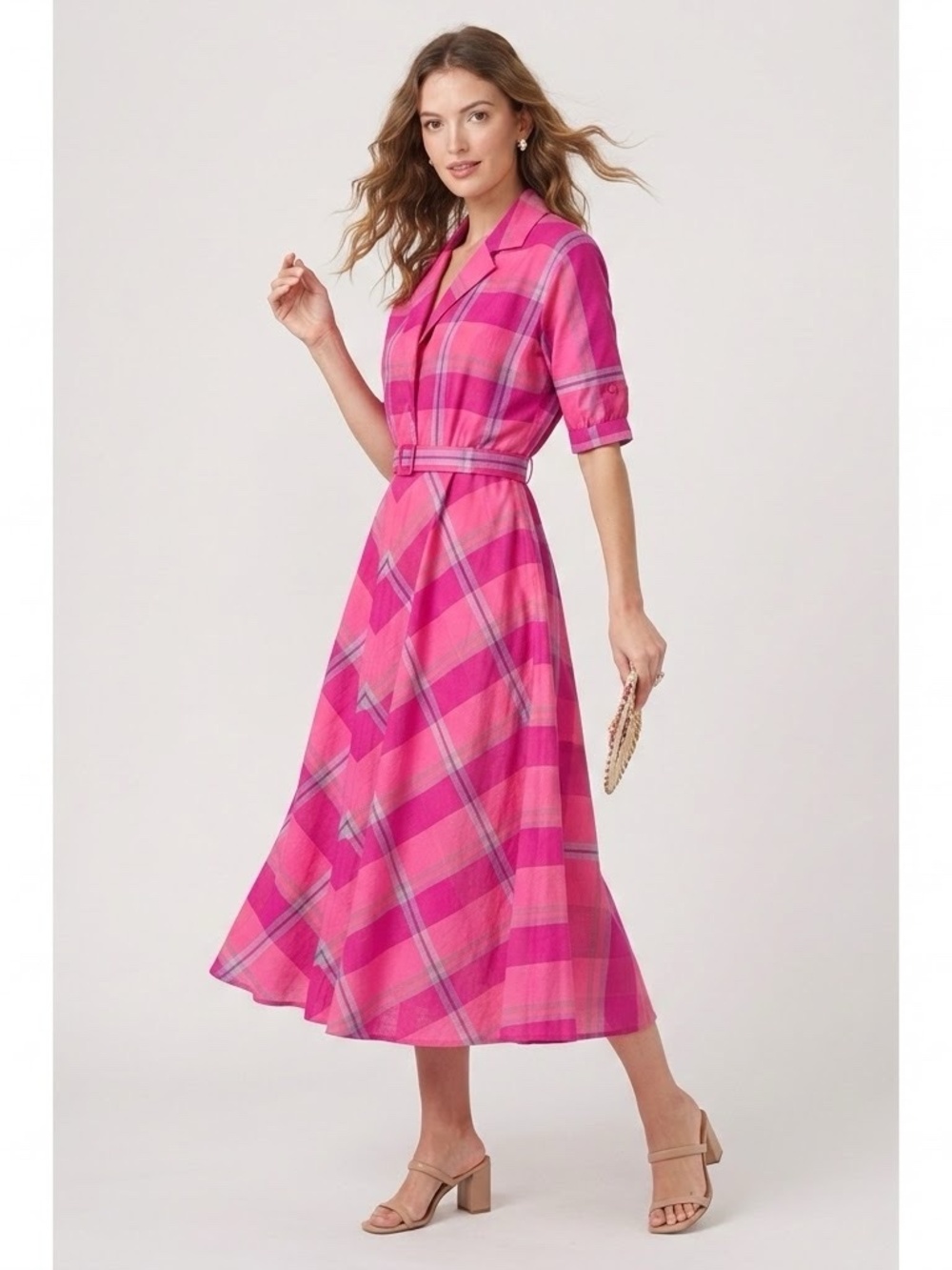 Vintage 80s Murray Meisner Pink Plaid Dress Size 8 Retro Midi Belted Made in USA